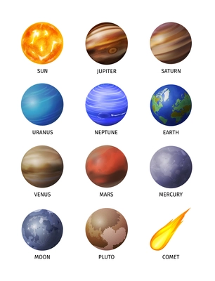 Realistic space planet isolated icon set with the twelve planets of our solar system vector illustration