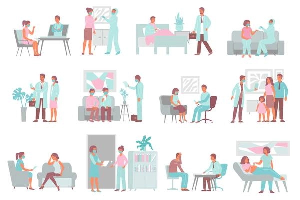 Set of isolated medical diagnostic home compositions of flat human characters medical apparatus and hospital furniture vector illustration