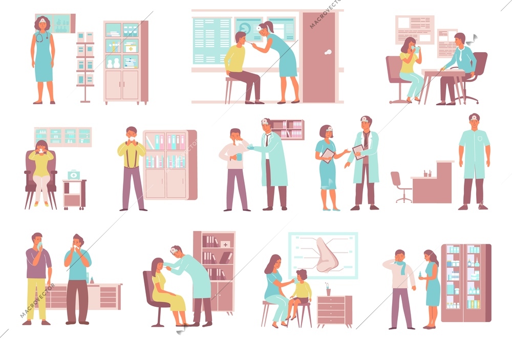 Otolaryngologist ent nose problem set of flat compositions with patients and doctors with hospital furniture icons vector illustration