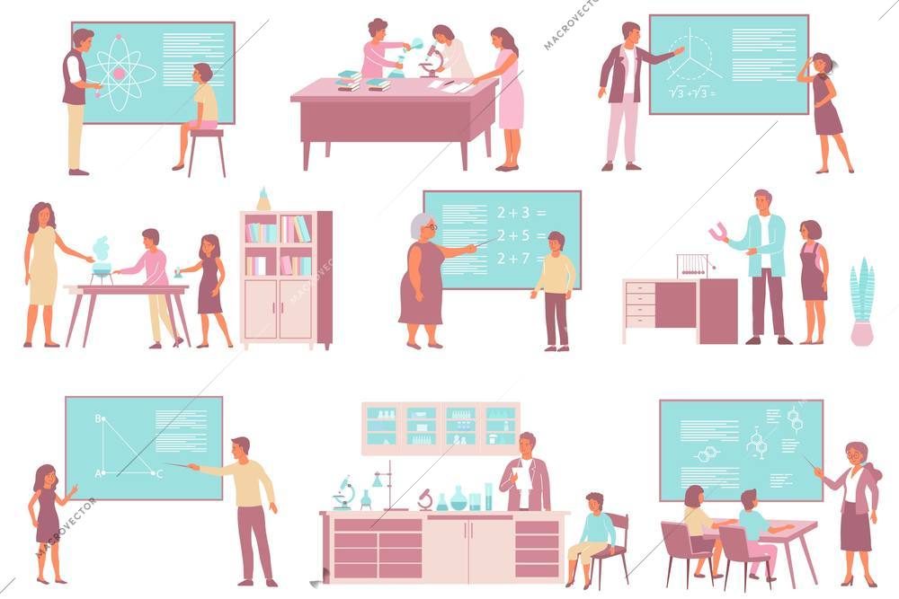 Set of school sciences mathematics chemistry physics flat compositions of classroom furniture with teachers and pupils vector illustration