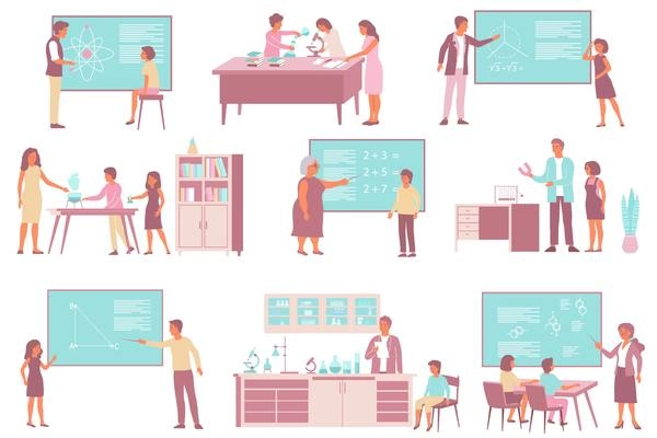 Set of school sciences mathematics chemistry physics flat compositions of classroom furniture with teachers and pupils vector illustration