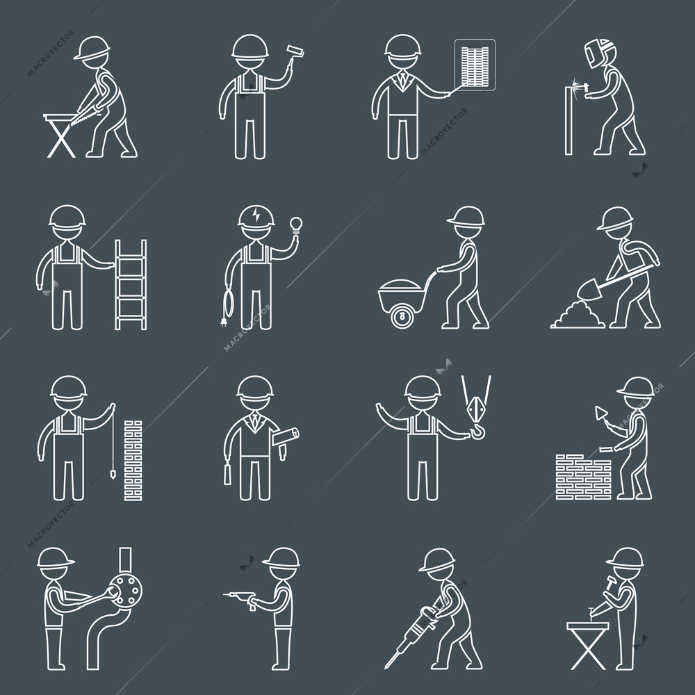 Construction worker service profession silhouettes icons outline set isolated vector illustration