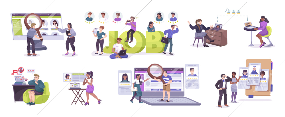 Job search set with applicants seeking employment being interviewed hired have their application rejected flat isolated vector illustration