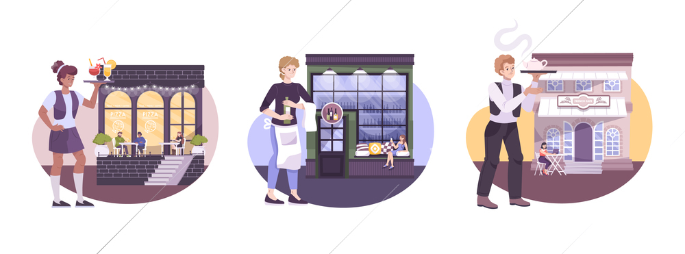 Three facades of restaurant cafe wine shop composition set with staff and customers flat isolated vector illustration