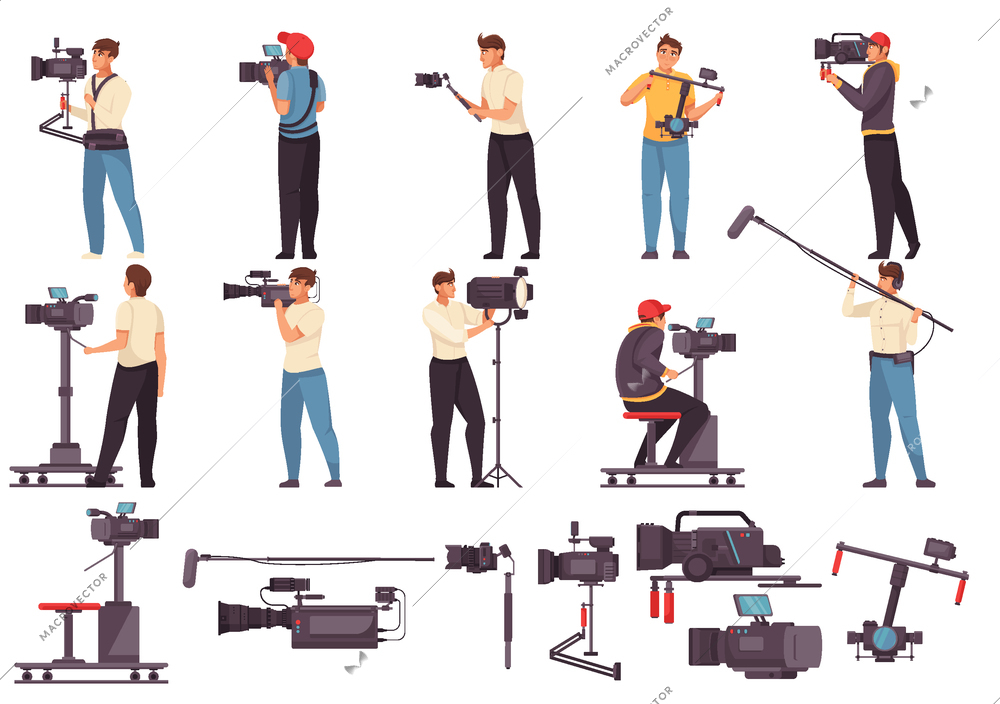 Men with video camera flat set of cinematography equipment and filmmakers engaged in movie filming isolated vector illustration