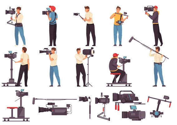 Men with video camera flat set of cinematography equipment and filmmakers engaged in movie filming isolated vector illustration