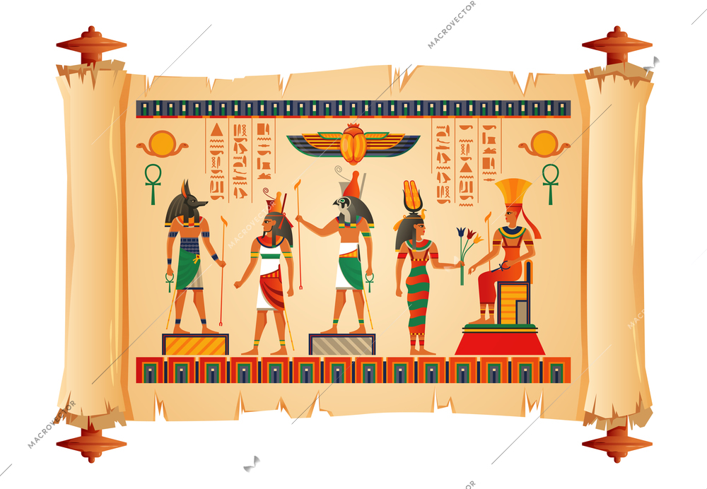 Ancient egypt religion culture history papyrus with main gods images scarab beetle amulet museum exhibit vector illustration