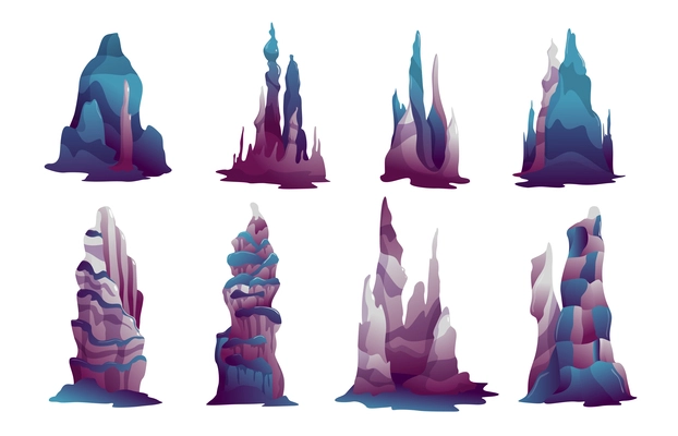 Peculiar shape stalagmites mineral formations growing on underwater caverns karst caves bottom realistic varieties set vector illustration