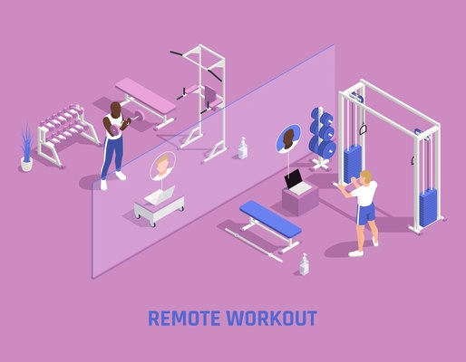 Gym fitness remote personal training coach on laptop screen workout routine for men isometric compositions vector illustration