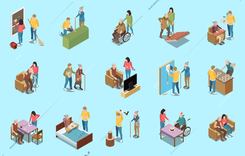 Elderly people professional social help service isometric set of isolated icons with characters of young volunteers vector illustration