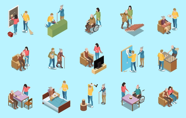 Elderly people professional social help service isometric set of isolated icons with characters of young volunteers vector illustration