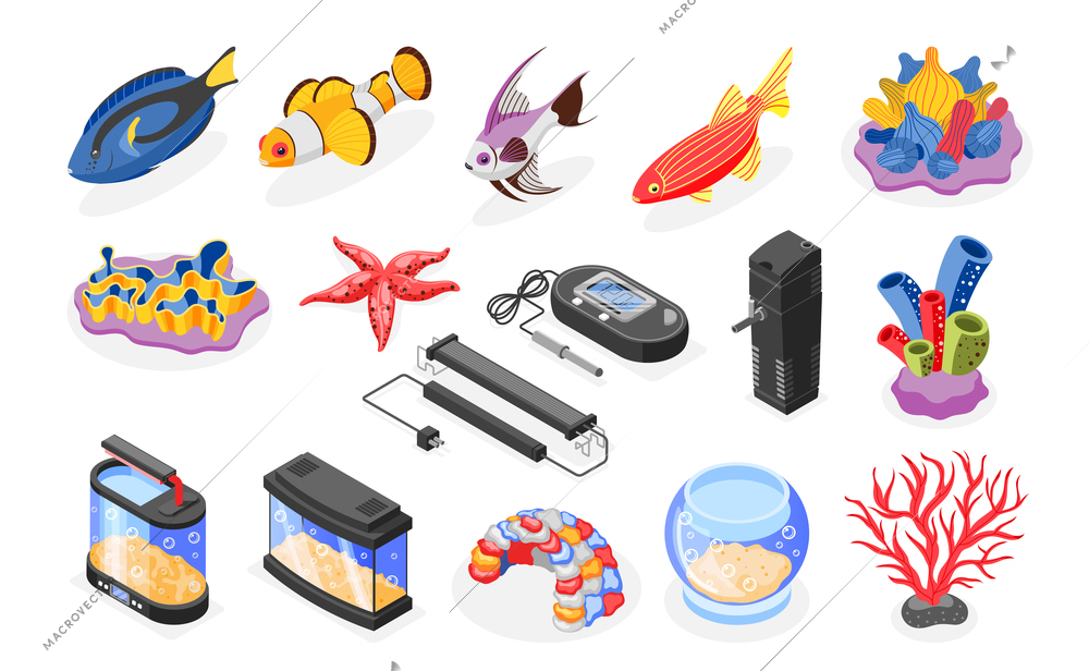 Aquarium isometric icons set with 3d fish tank bowl colorful corals equipment isolated on white background vector illustration