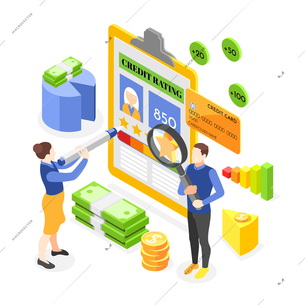 Credit score isometric concept with money images and loan debtor signing report 3d vector illustration