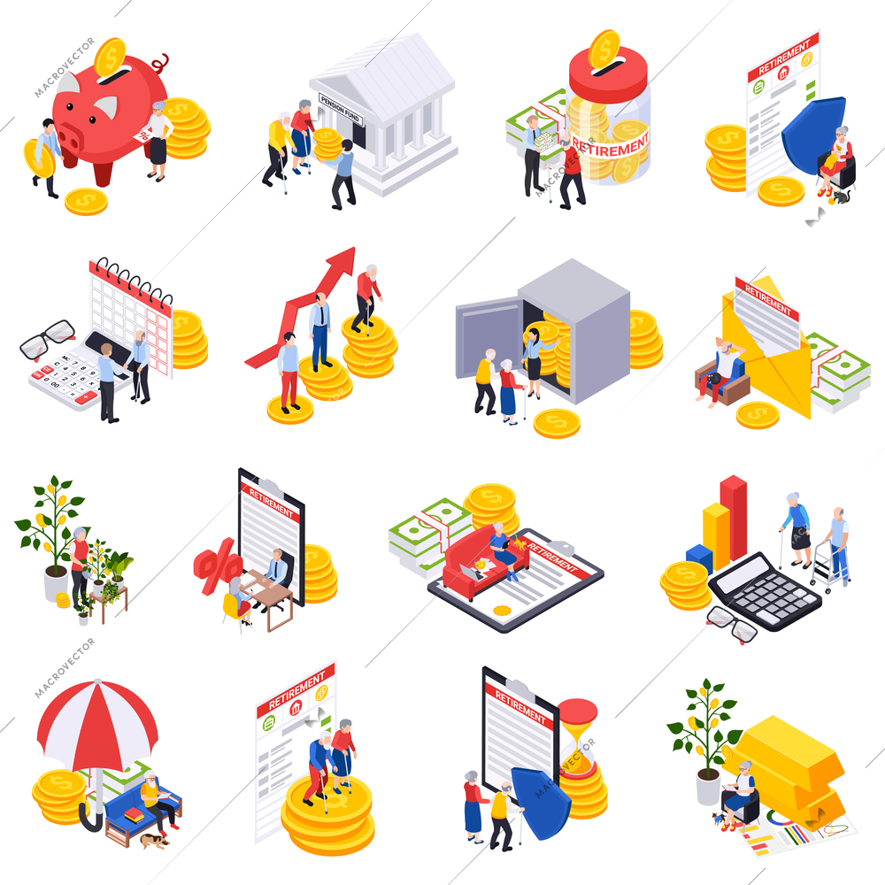 Retirement preparation plan isometric set of isolated money icons contracts calendars with characters of elderly people vector illustration