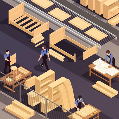 Furniture production isometric colored composition with production of wooden beds and wooden parts for them vector illustration