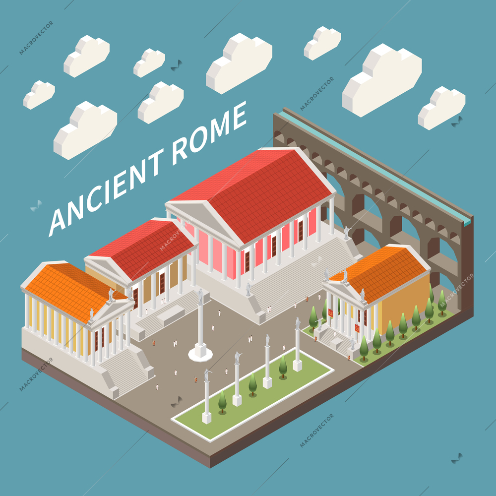 Ancient Rome concept with historic architecture symbols isometric vector illustration