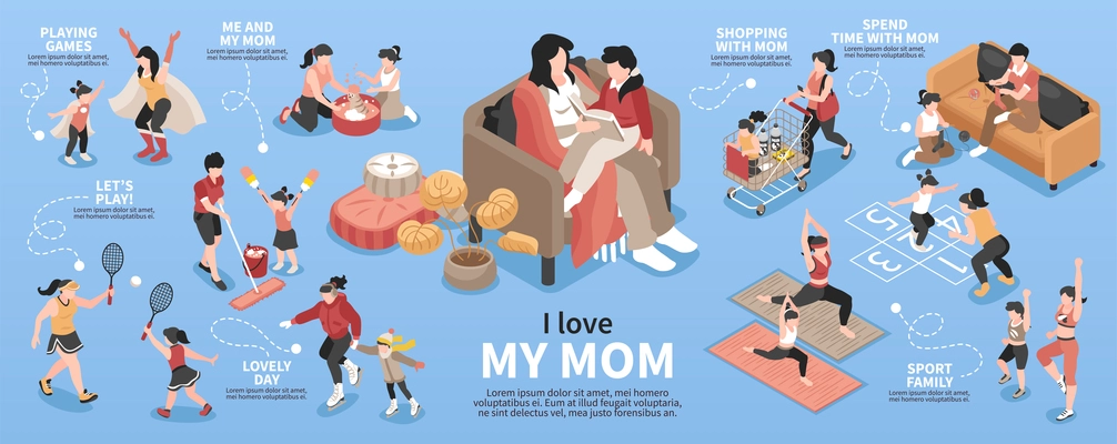 Motherhood isometric infographic set with family and pastime symbols vector illustration