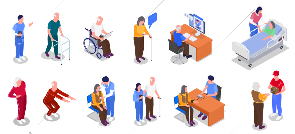 Isometric set of elderly people communicating with nurses and doing sports isolated vector illustration