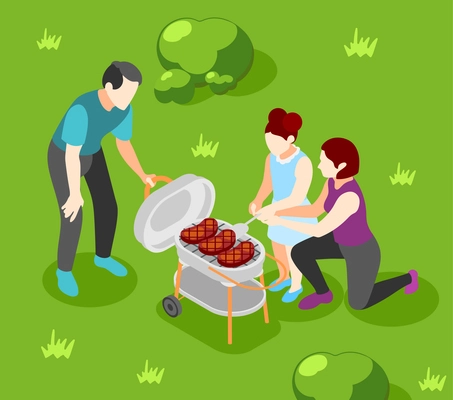 International day of families isometric poster with mother father and daughter having barbecue party outdoor vector illustration