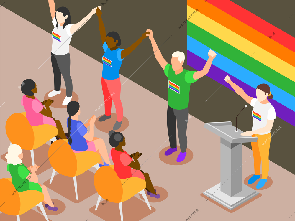 International day against homophobia isometric vector illustration with group of lgbt activists standing in front of audience and holding hands