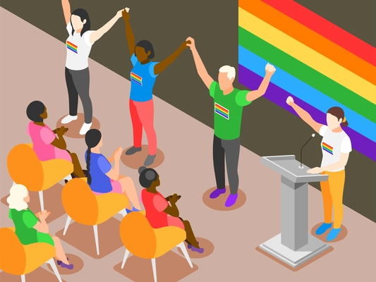 International day against homophobia isometric vector illustration with group of lgbt activists standing in front of audience and holding hands