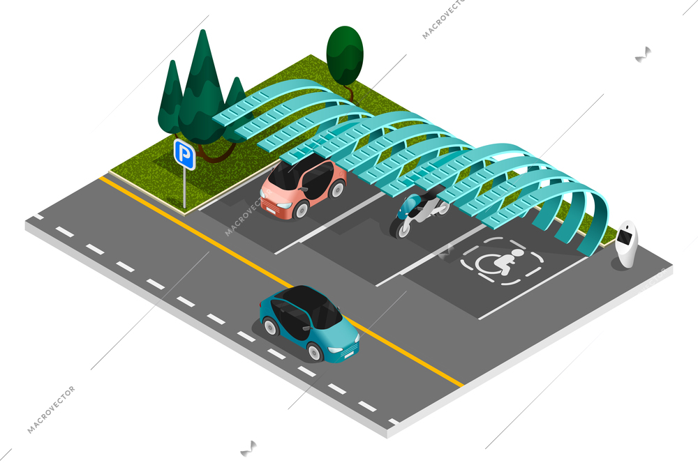 Parking isometric colored composition parking spaces with a shed roof on the side of the road vector illustration