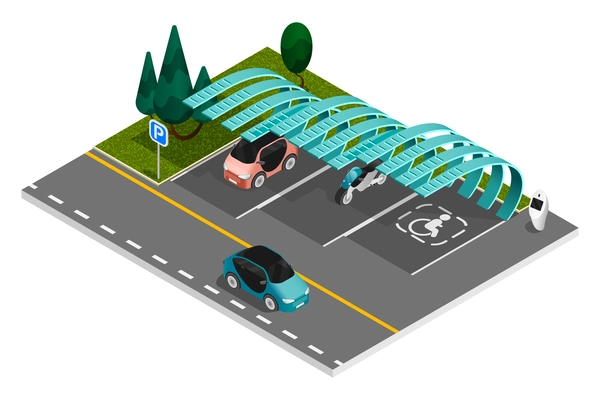 Parking isometric colored composition parking spaces with a shed roof on the side of the road vector illustration