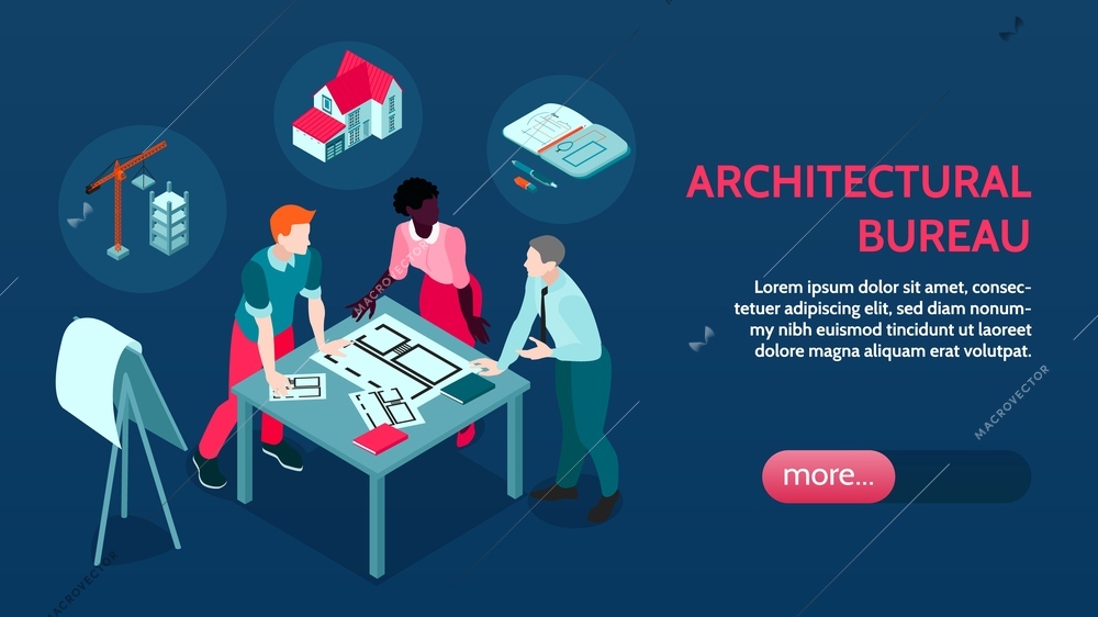 Architectural agency isometric landing page banner with architects team discussing building design project modeling construction vector illustration