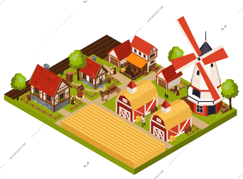Medieval architecture isometric concept with mill house and field vector illustraion