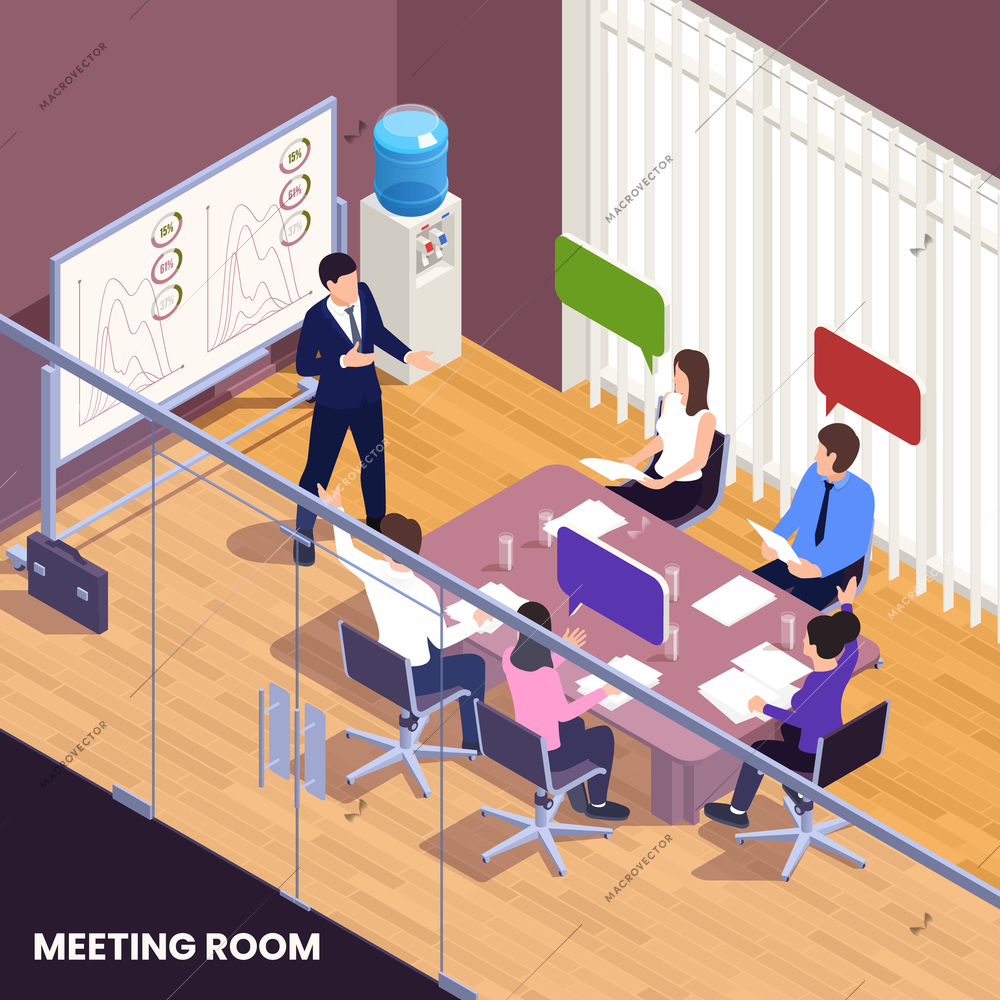 Presentation and conference background with teamwork and discussion symbols isometric vector illustration