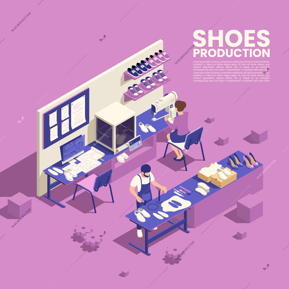 Shoes production poster with footwear quality symbols isometric vector illustration