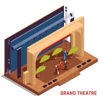 Grand theatre and stage isometric concept with performance symbols vector illustration