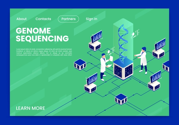 Genetic engineering isometric page design with genome sequencing symbols vector illustration