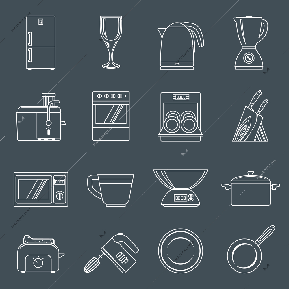 Kitchen appliances icons outline set with toaster mixer dish frying pan isolated vector illustration