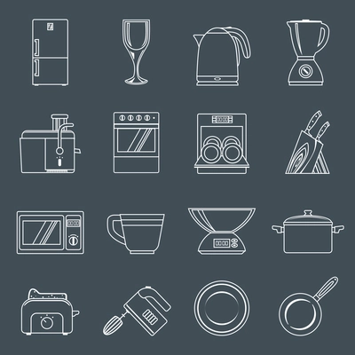 Kitchen appliances icons outline set with toaster mixer dish frying pan isolated vector illustration