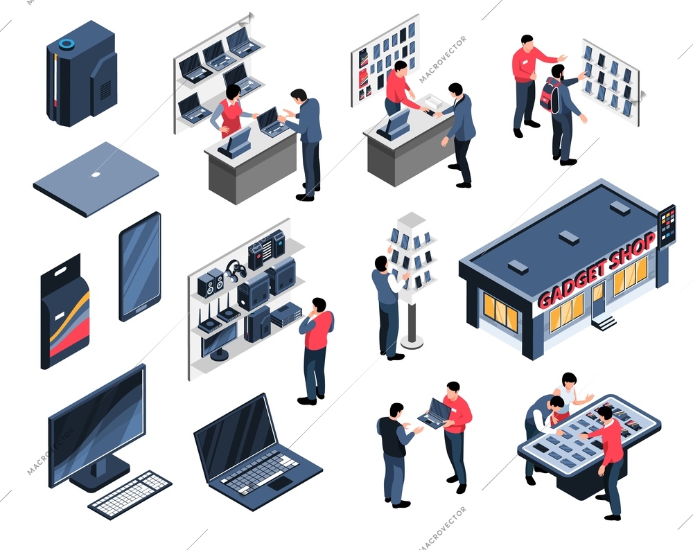 Isometric gadget shop set with isolated icons of electronic devices with shop displays assistants and buyers vector illustration