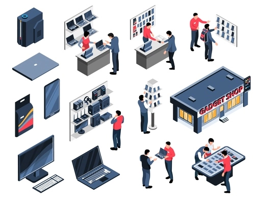 Isometric gadget shop set with isolated icons of electronic devices with shop displays assistants and buyers vector illustration