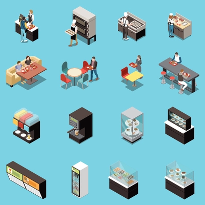 Food court elements isometric set dishes stalls coffee machine dessert bar cashier service counter customers vector illustration