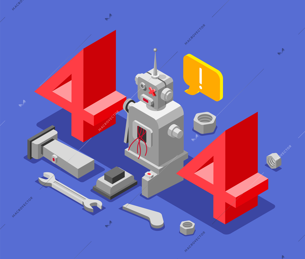Error isometric colored background with a broken robot and repair tools next to the robot vector illustration