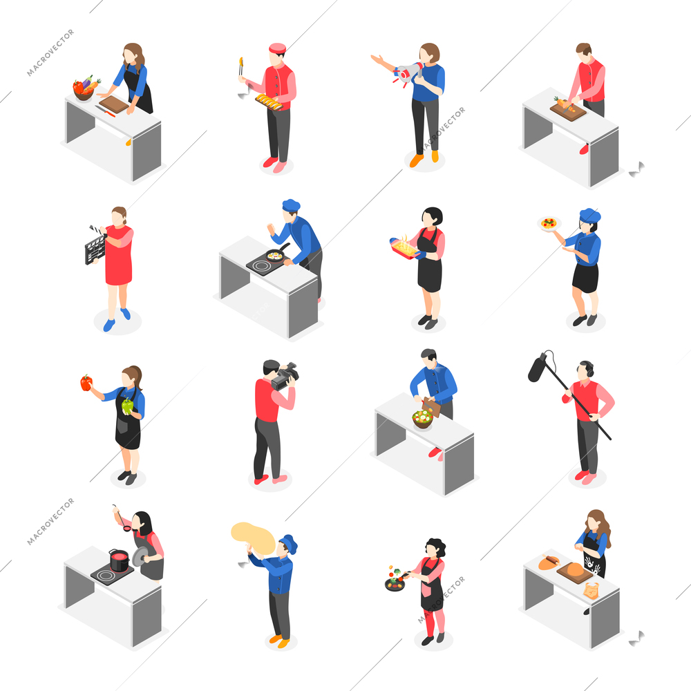 Cooking show isometric colored icon set cooking on camera for TV shows vector illustration