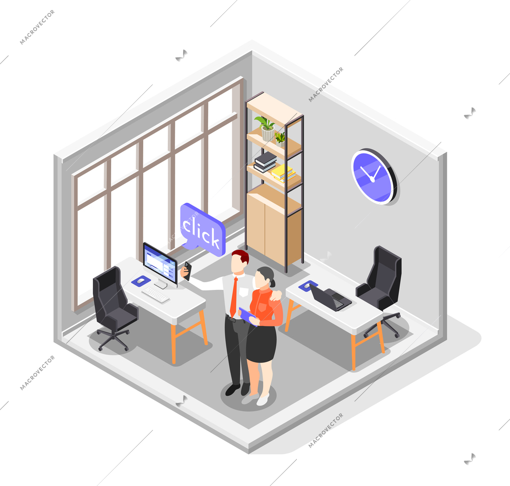 Selfie Day isometric colored composition two colleagues taking pictures in the office on their smartphone vector illustration