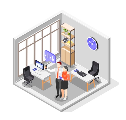 Selfie Day isometric colored composition two colleagues taking pictures in the office on their smartphone vector illustration