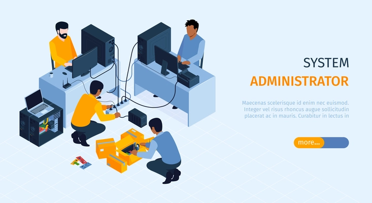 System administrator horizontal banner with connecting users symbols isometric vector illustration