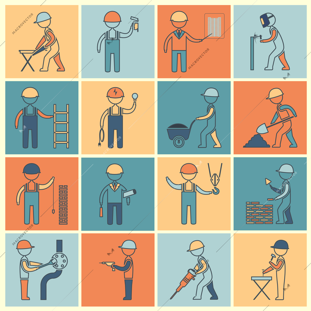 Construction worker industrial professionals silhouettes icons flat line set isolated vector illustration