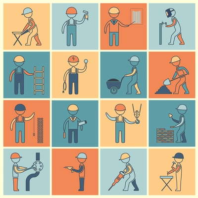 Construction worker industrial professionals silhouettes icons flat line set isolated vector illustration