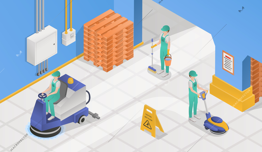 Isometric colored professional cleaning service composition cleaners wash floors and walls in the production area vector illustration