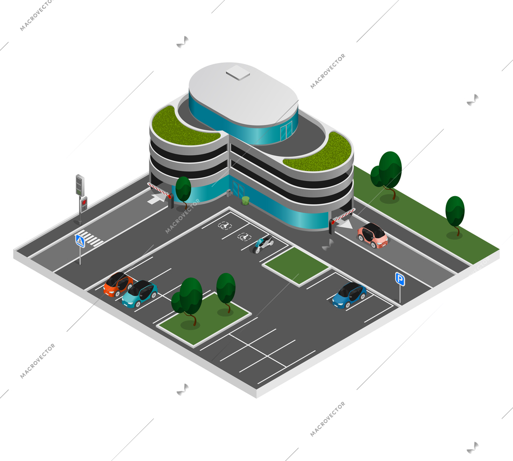 Isometric city constructor elements composition street parking and nearby building with multi level parking vector illustration