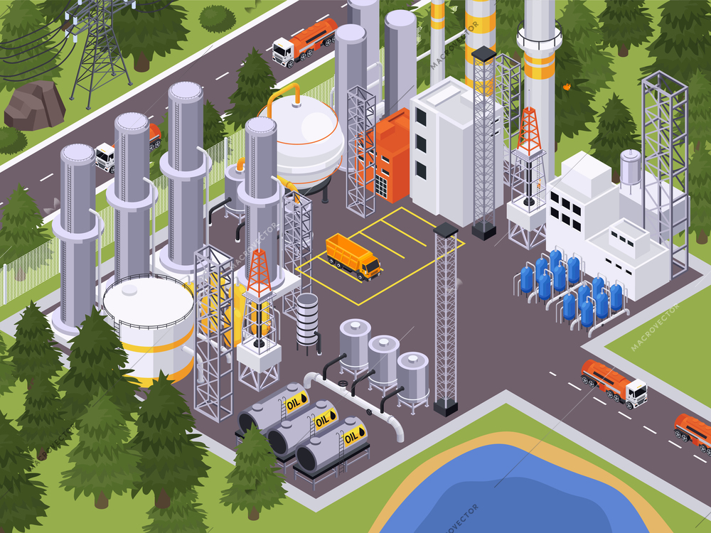 Oil petroleum industry isometric composition with view of oil processing factory site with buildings and facilities vector illustration