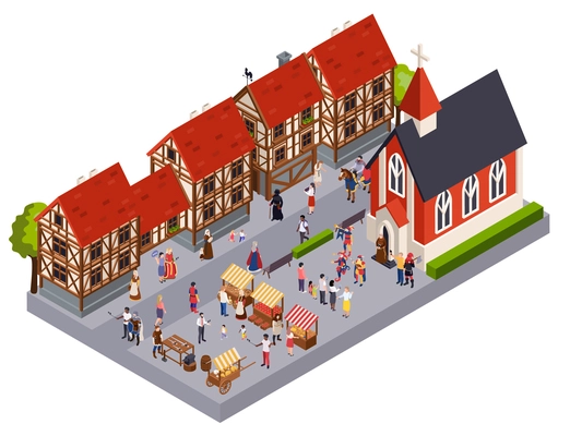 Medieval town architecture isometric concept with marketplace church and house vector illustraion