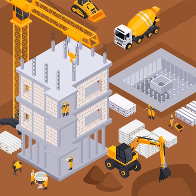 Construction background with construction machines and equipment symbols isometric vector illustration